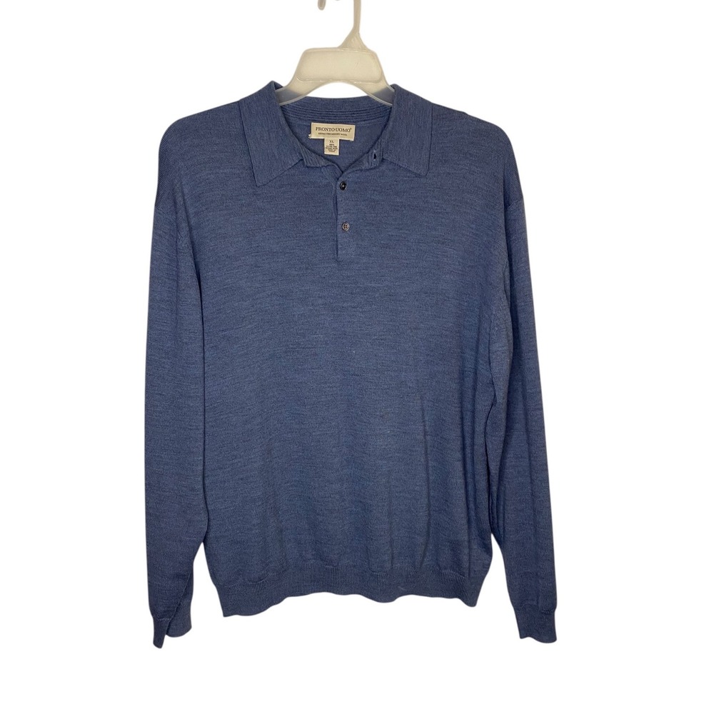 Pronto Uomo Mens XL Blue 100% Merino Wool Long Sleeve Polo Sweater Fine Knit